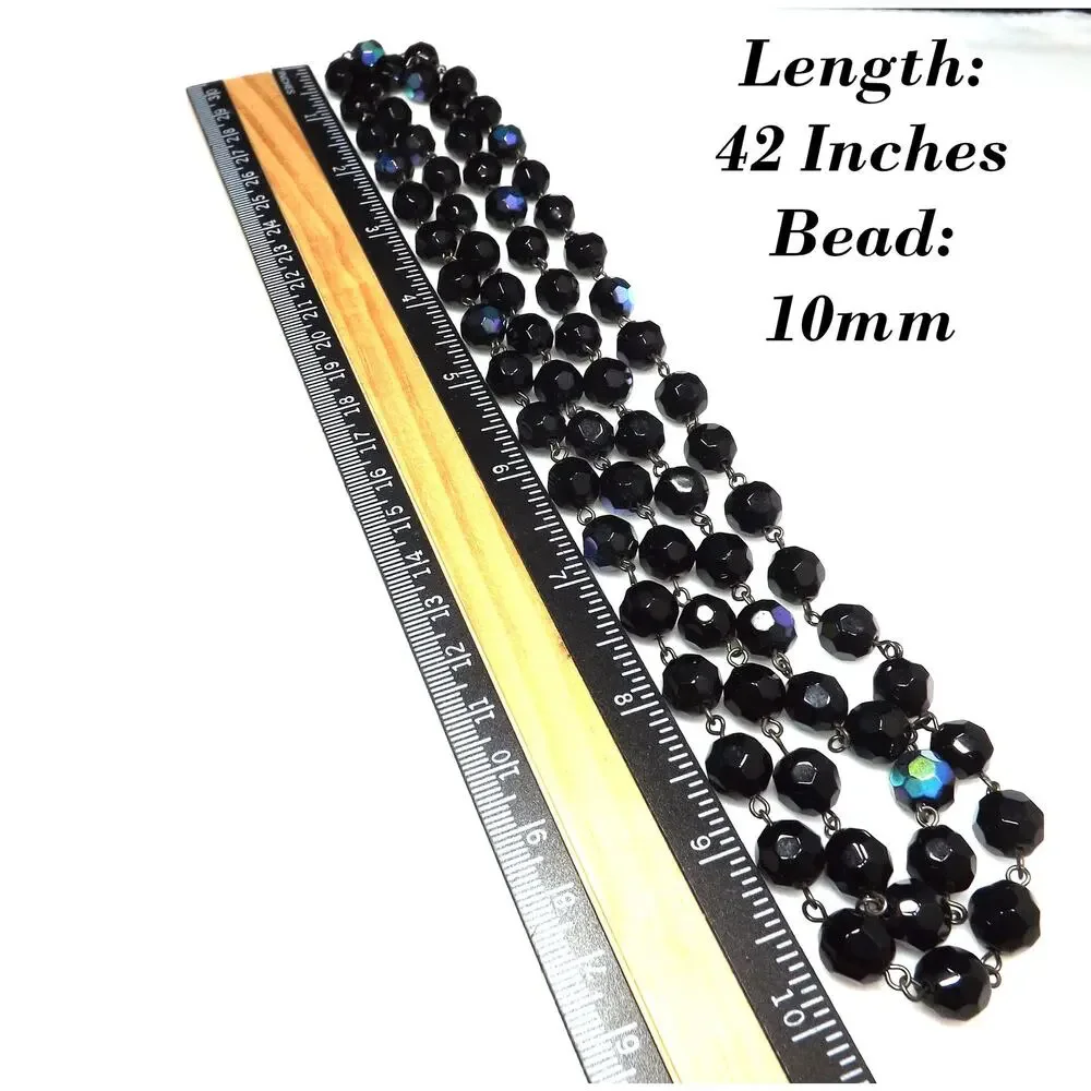 Long Black Crystal Beaded Necklace, Aurora Borealis, No Clasp, 1970s Vintage